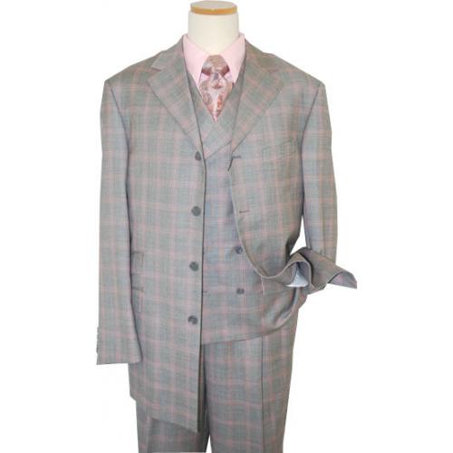 Steve Harvey Collection Grey/Salmon Windowpane Super 120's Merino Wool Vested Suit
